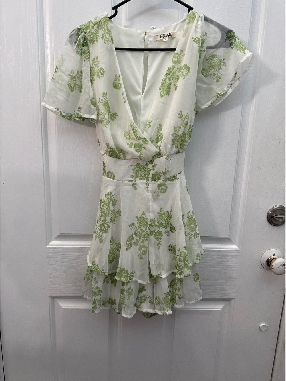 Boutique Hint of Blush White and Green Romper